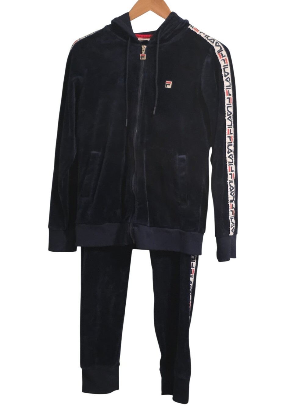Fila EUC Navy Blue Y2k Style Velour Tracksuit With Striped Logo Detail Size S
